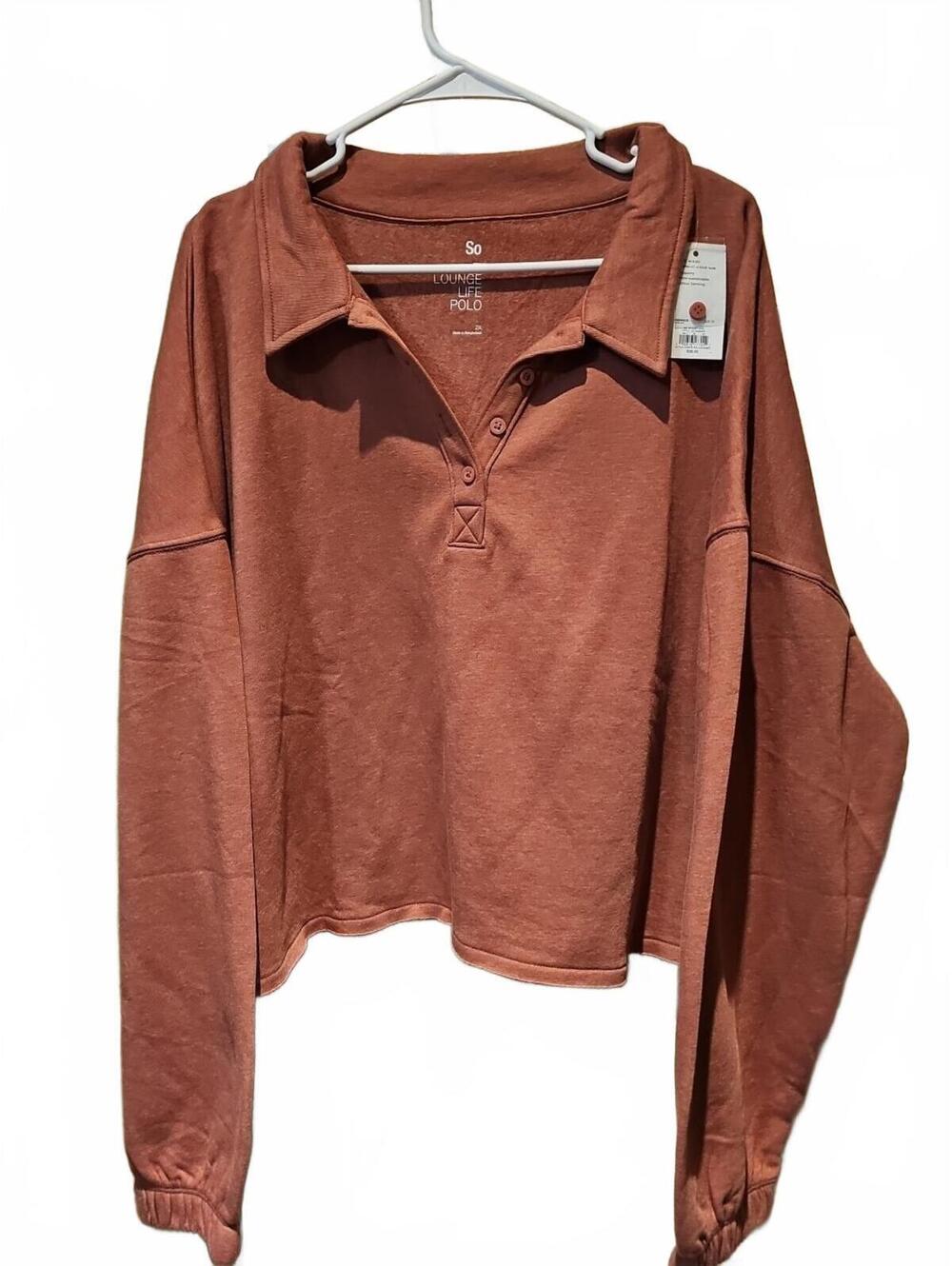 SO 2X NWT Womens Lounge Life Polo Shirt Coral Long Sleeve, Collar Cropped Fleece